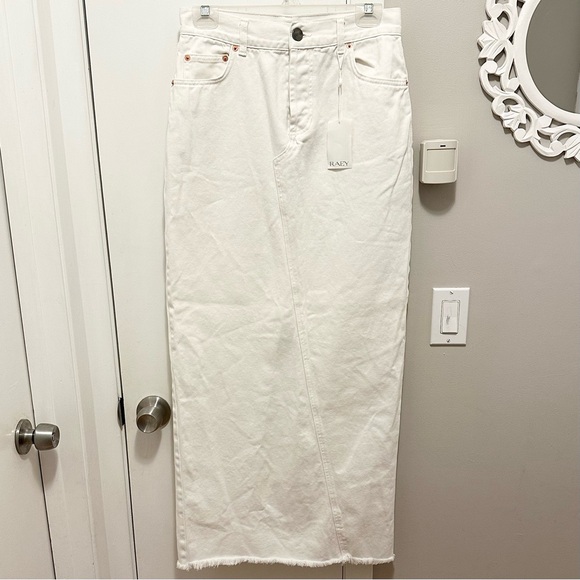 Raey Dresses & Skirts - RAEY Off White Denim Maxi Skirt 6 Organic Cotton Split Back Cut Out Raw Hem